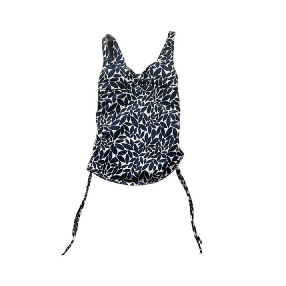 Lands End Tankini Top Womens Size 8 Navy Blue‎ White Side Tie Swim Ruched Modest